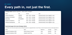 By user: every path into each space (directly, through a group, or as every logged-in user) and the restricted pages that name the person.