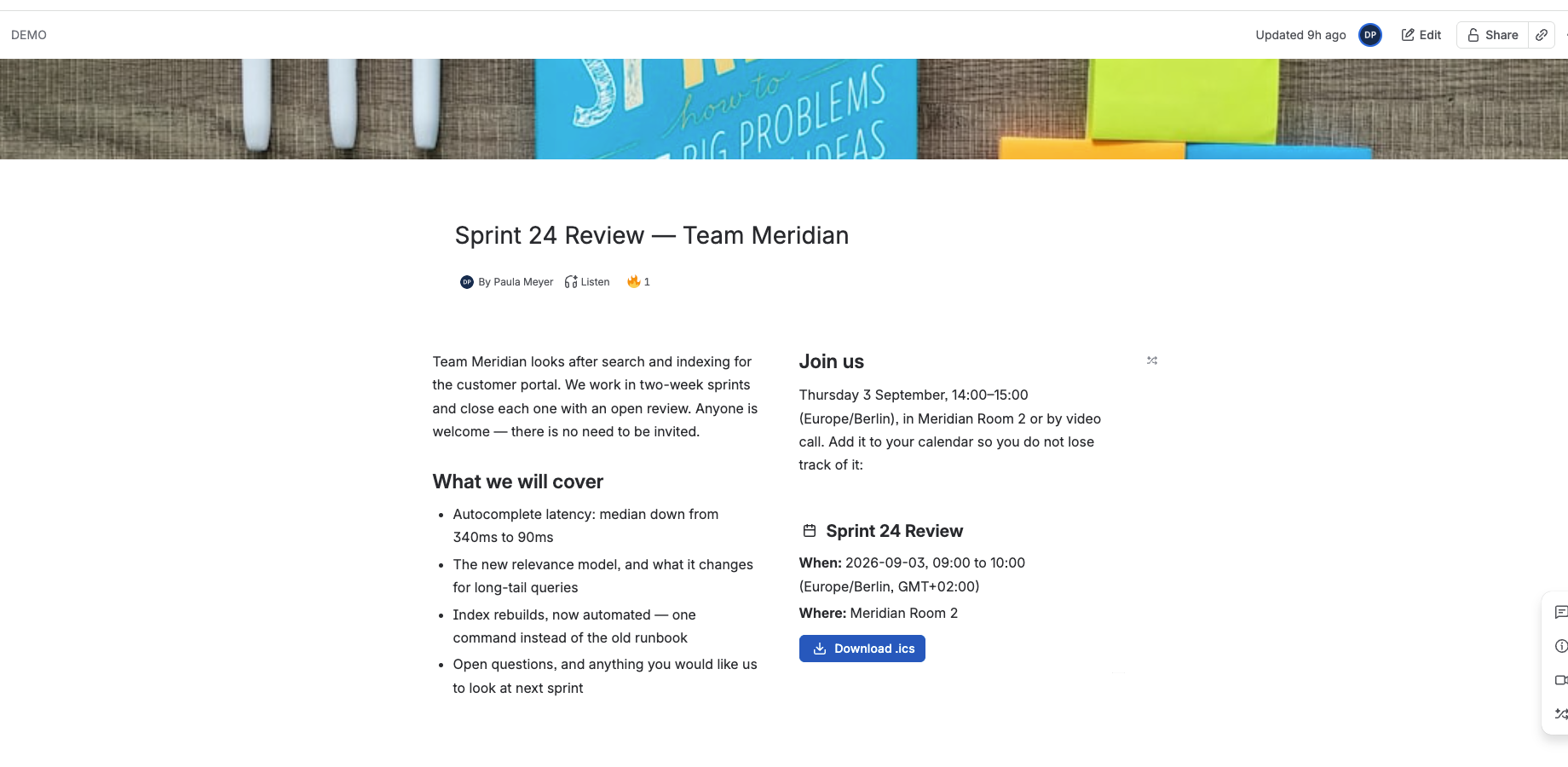 An ICS file that contains the Calendar entry is presented on a Sprint review page