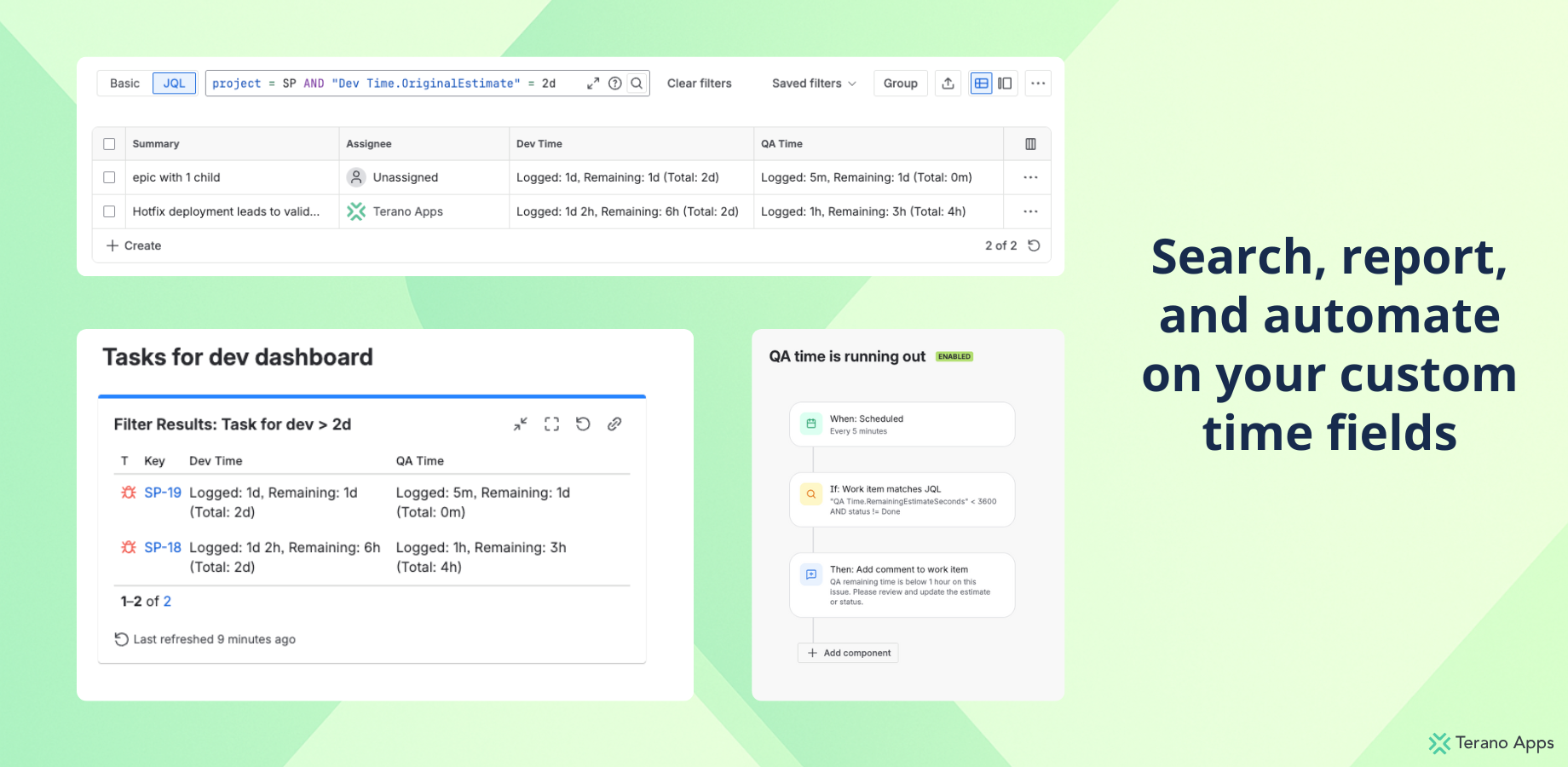 JQL search using Dev Time.OriginalEstimate, a Jira dashboard with a Filter Results gadget showing Dev Time and QA Time columns, and an automation rule that adds a comment when QA remaining time drops below one hour