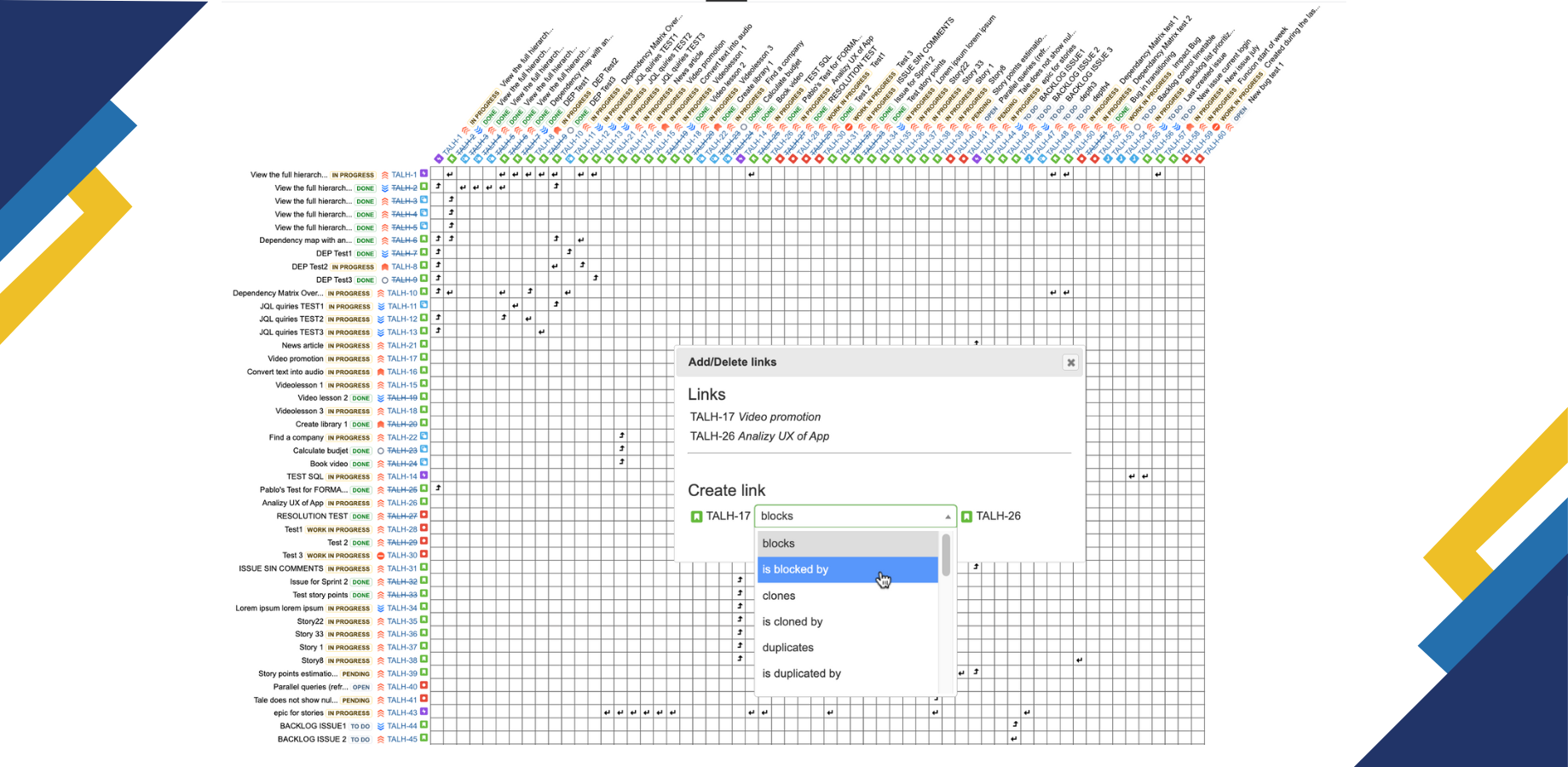 View on a Matrix how issues of two JQL queries are related. Edit relations quickly on the matrix itself (create, view & delete), and export to Excel!

Improve the QA by tracing requirements vs test cases!