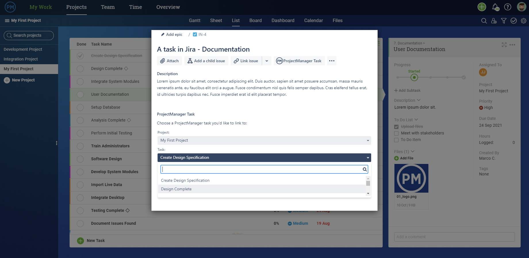 Easily choose a project and associated task, right inside the Jira ticket.