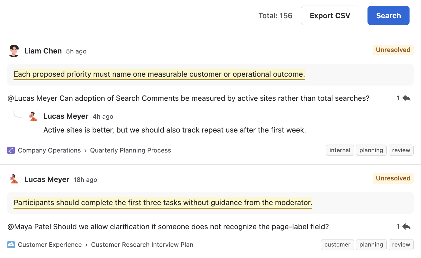 Search results showing commented text, the comment, its reply, page labels and resolution status, with Export CSV for the full result set.