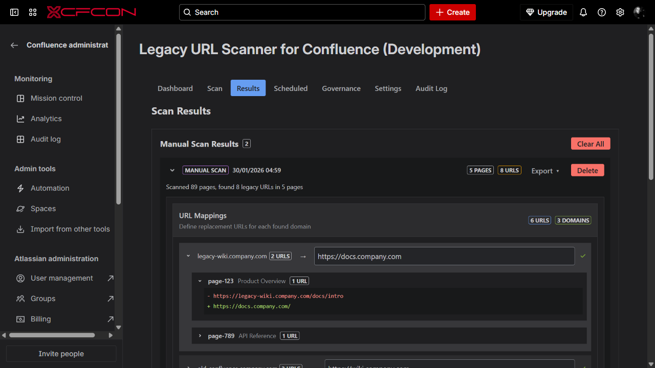 Scan results table with manual scan summary, mapping definition and per-page URL diff.
