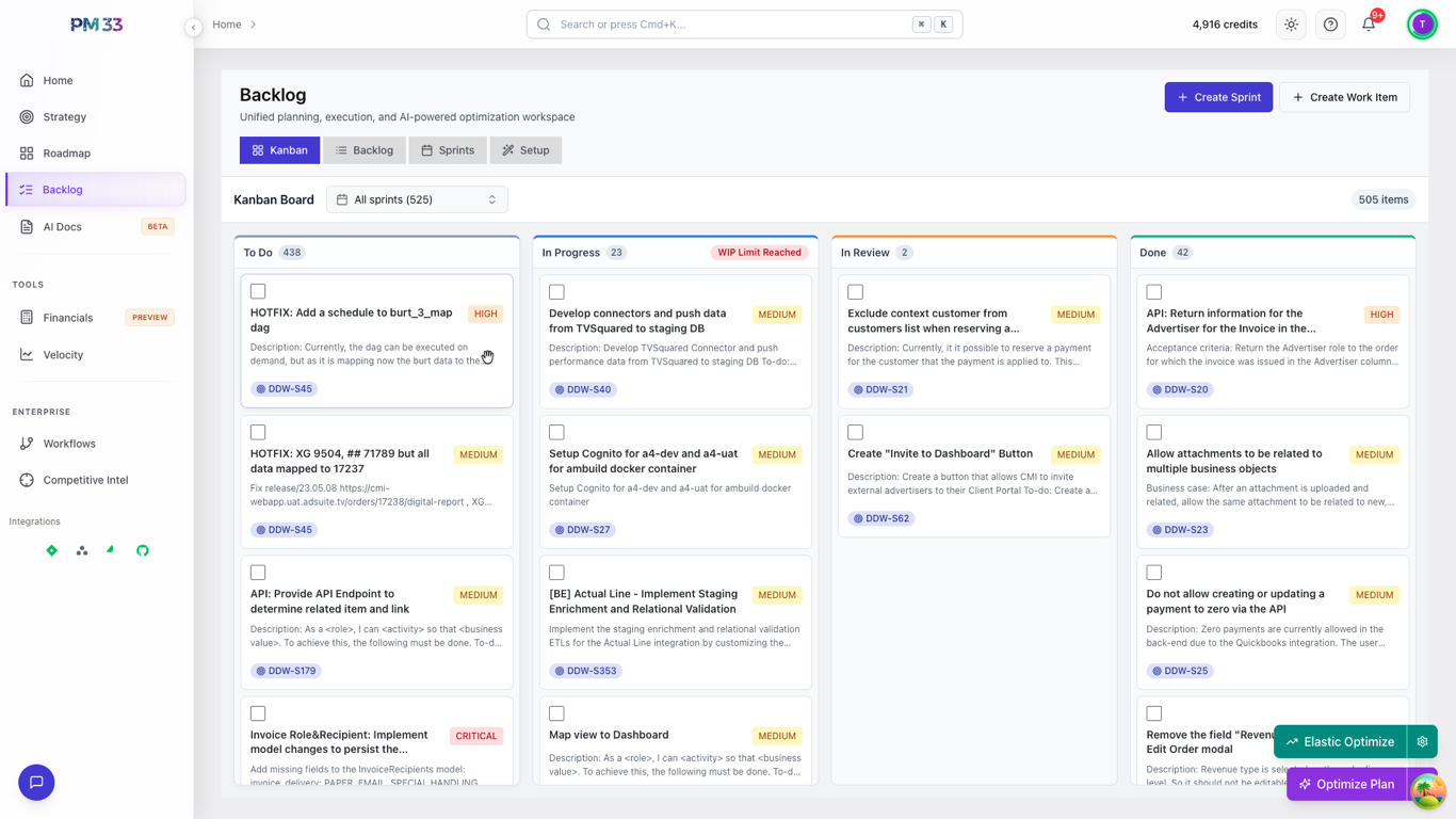 PM33 backlog view with priority scores synced to Jira issues