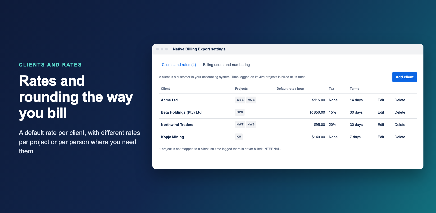 Clients and rates in the app settings: projects, default rate, tax and payment terms for each client.