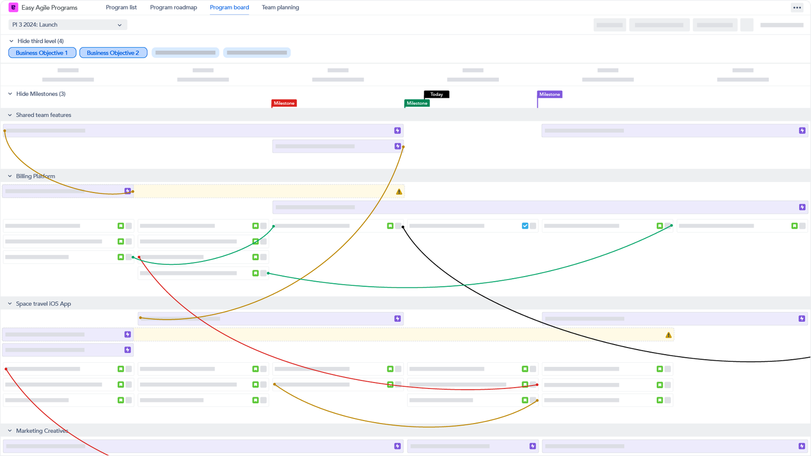 The Program Board ensures all teams are aligned on the committed Features for a Program Increment. Team swimlanes, dependencies and milestones help organise teams for PI Planning.