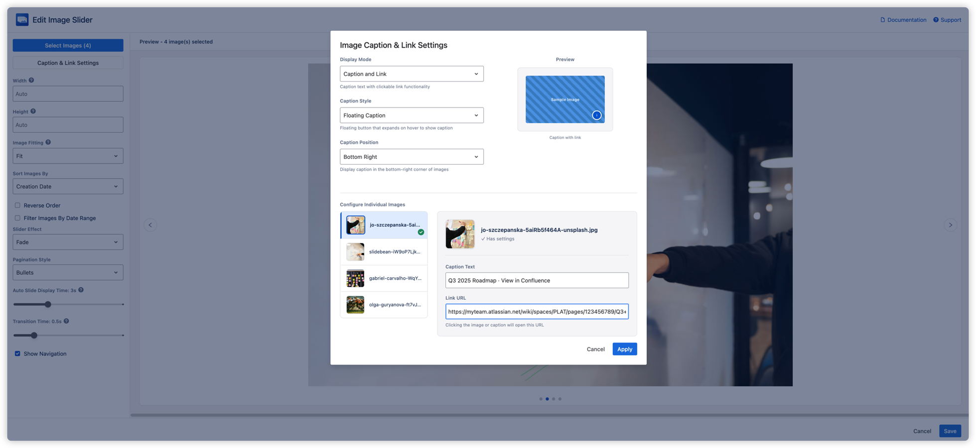 The Caption & Link Settings panel lets you configure each image independently. Set caption text, a target URL, display style, and position — giving every slide its own context and call to action.