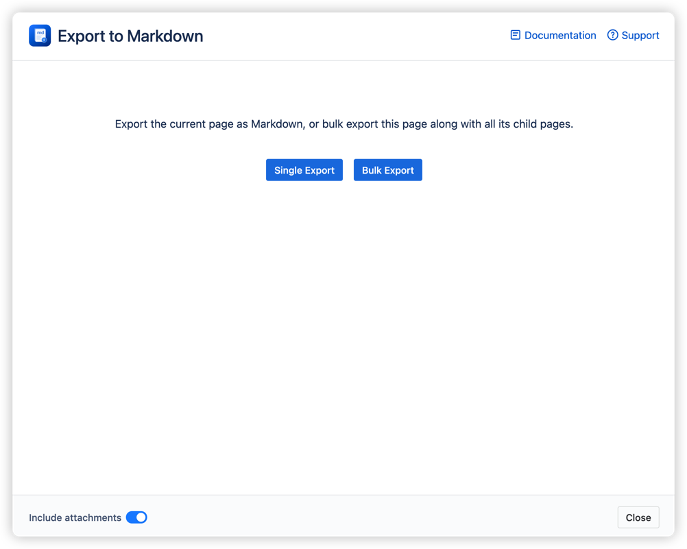 The export dialog lets you choose between exporting a single page or bulk exporting a full page hierarchy. Toggle "Include attachments" to bundle all page files into the ZIP download