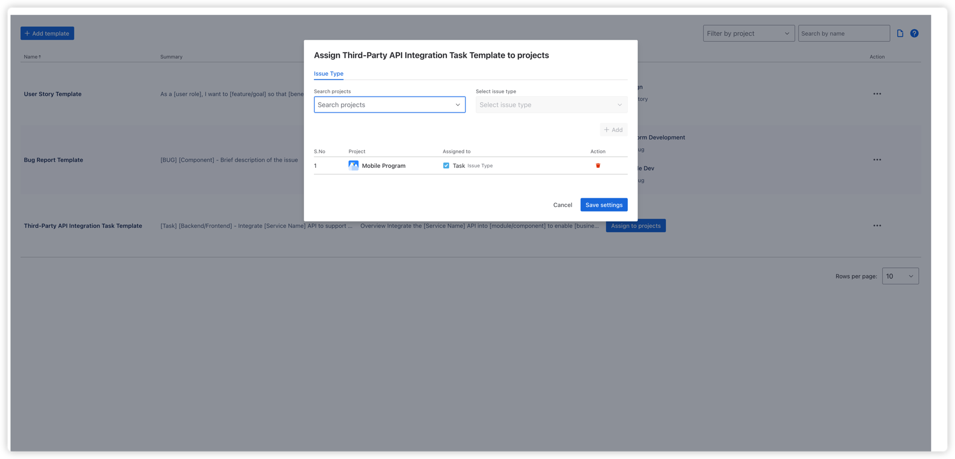 Create a reusable issue template with pre-filled summary and description fields.