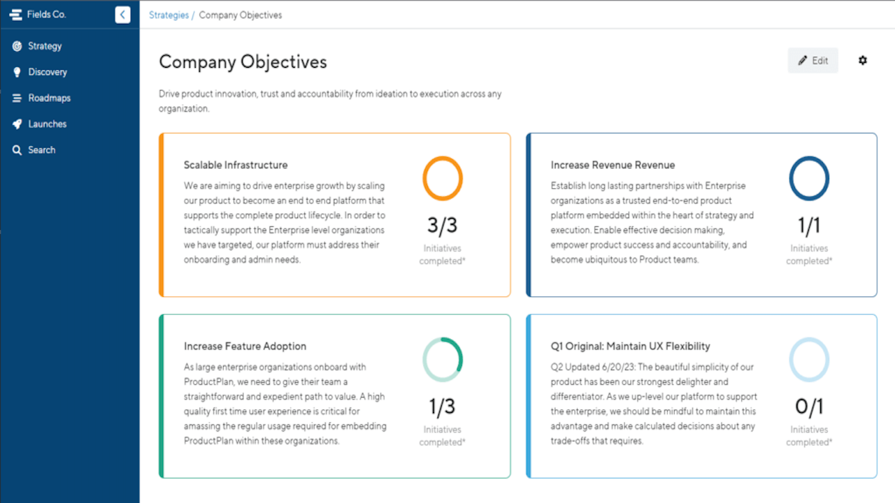 Map planned initiatives in your roadmap to the product strategy and goals they support. Visualize roadmaps by high-level objectives, and make it easy to have more strategic conversations with stakeholders and leadership.