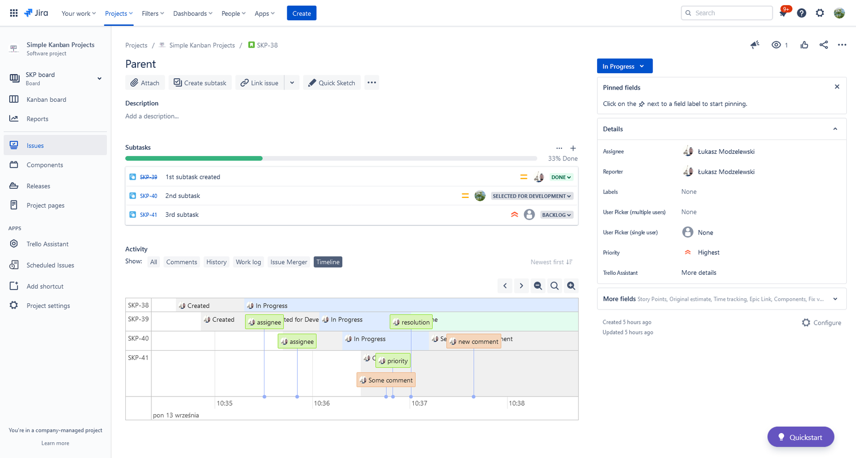 Issue and subtasks in one timeline