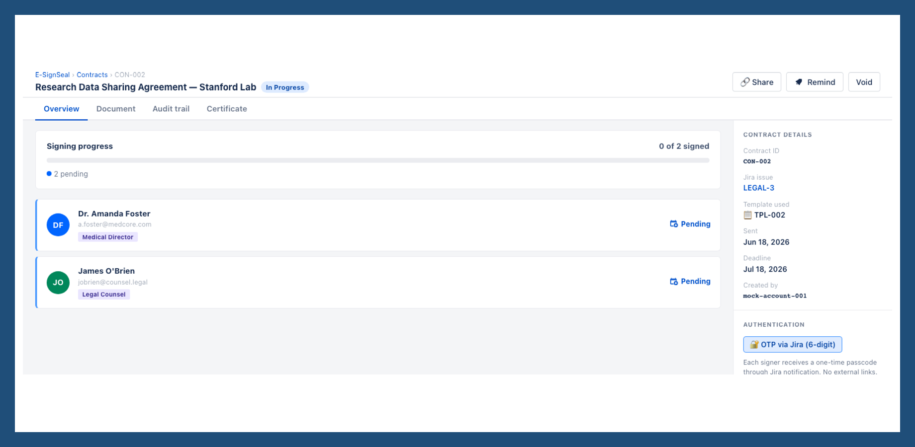 The E-SignSeal panel on a Jira work item shows all signer's signing status per counterparty, and the full lifecycle, from invite sent to signed PDF attached in a single in-context view.