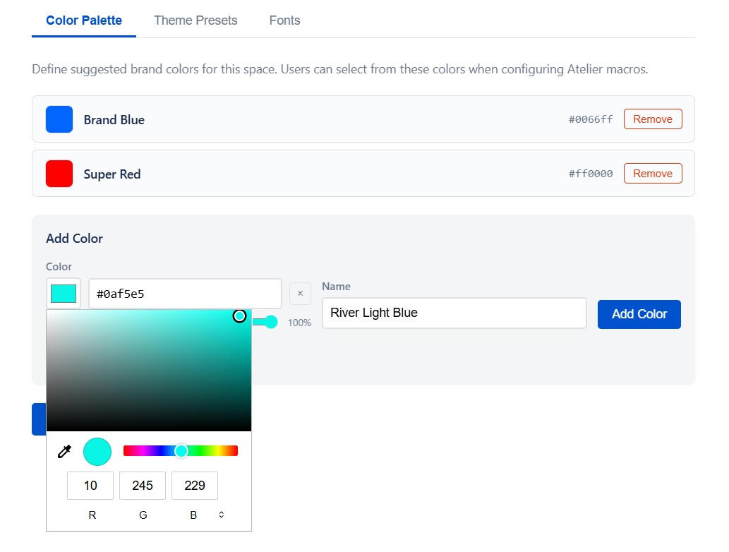 The Atelier Space Settings page showing the Color Palette tab with saved brand colors displayed as swatches, ready to be used across all macros in the space
