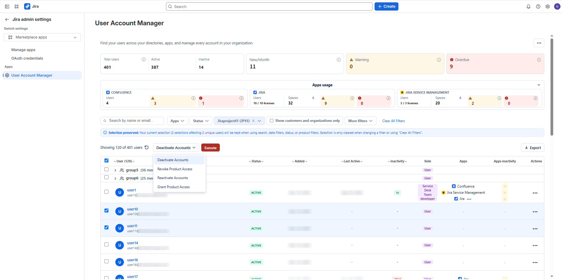 Dashboard showing user counts, inactivity warnings, an apps usage breakdown for Confluence, Jira Service Management, and Jira, plus a per-project user list with filters, bulk actions, export, and sortable columns.
