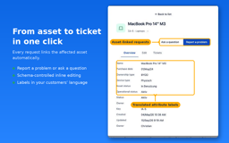 Asset details with editable attributes. Customers raise a request from any asset and the ticket links it automatically.