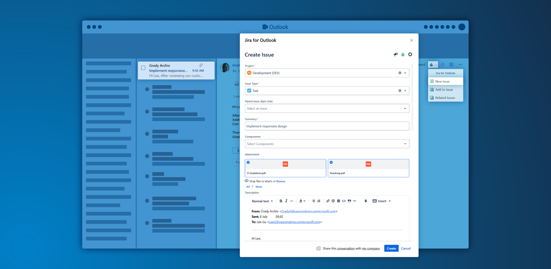 Create or update Jira issues quickly with content from your Outlook emails. Copy email attachments and text formatting like lists, colors and tables. The Jira look and feel provides an intuitive interface.