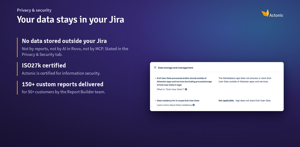 Report Builder doesn't store your data outside Atlassian: not for reports, not for AI in Rovo, not over MCP. Actonic is ISO27k certified and has built 150+ custom reports for 50+ customers.
