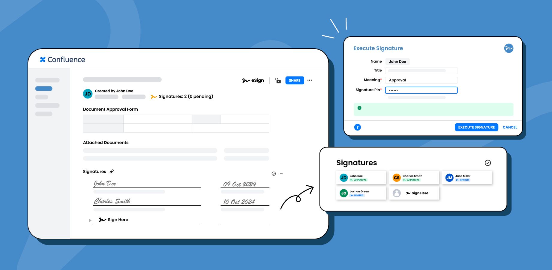 Designate specific owners and signees, enable in-page e-signature execution, and audit and confirm signatures—all within a Confluence doc.