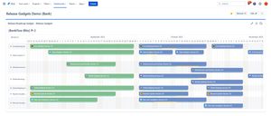 Use case of core banking system with monthly PIs consisting of multiple Jira projects with own areas of responsibilities and own deliverables. Color coding by status and connected progress bars.
