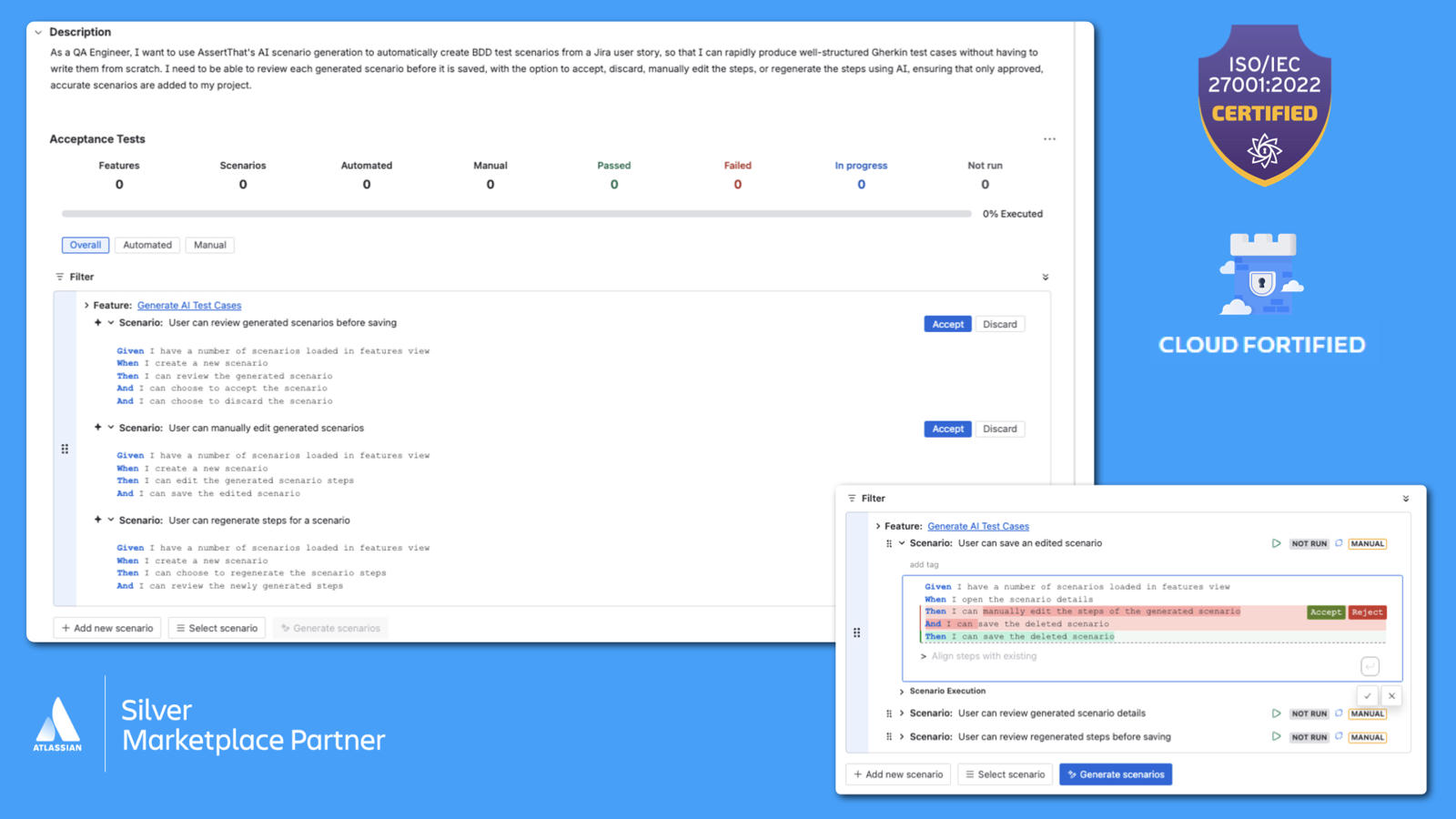 Generate, review and accept BDD scenarios from your Jira user stories using AssertThat's AI-powered test case generation — with a human-in-the-loop workflow throughout.