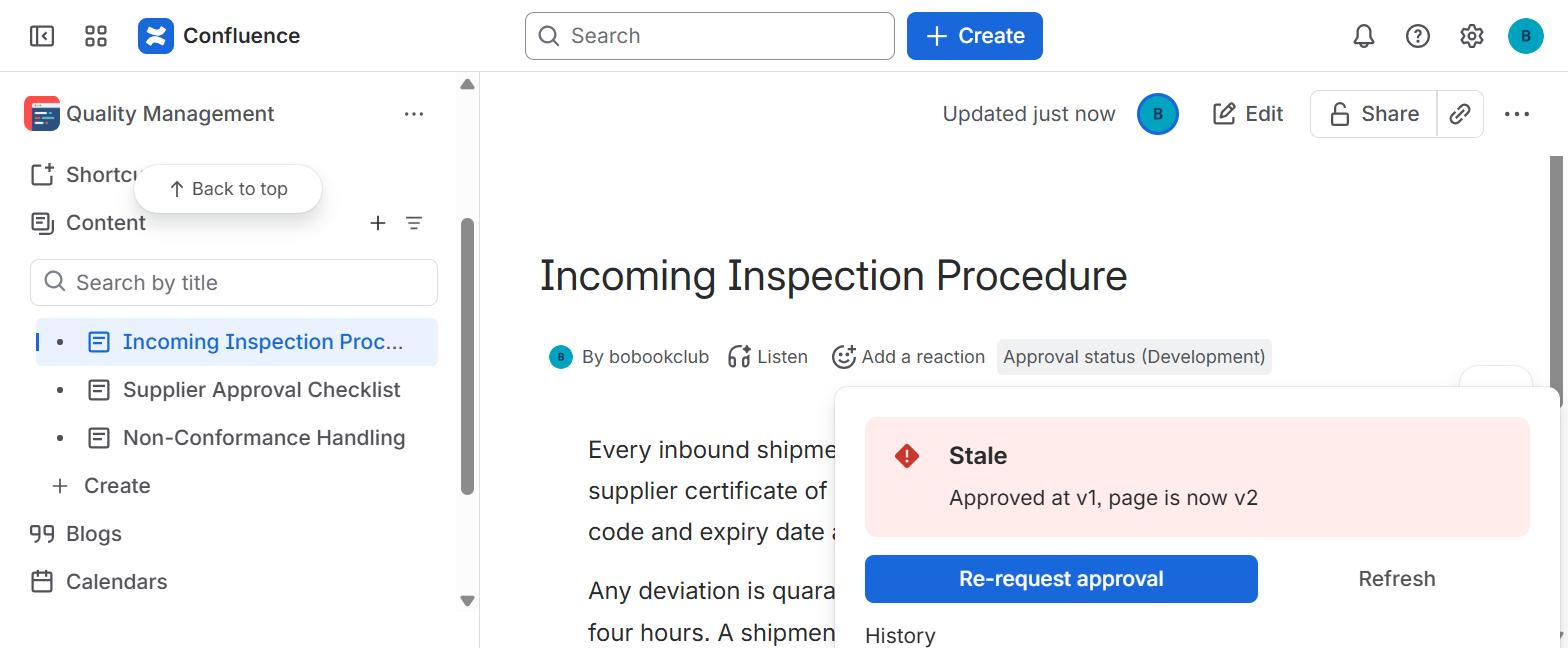 The approval badge under the page title after an edit: approved at v1, page now v2, with a button to re-request approval.
