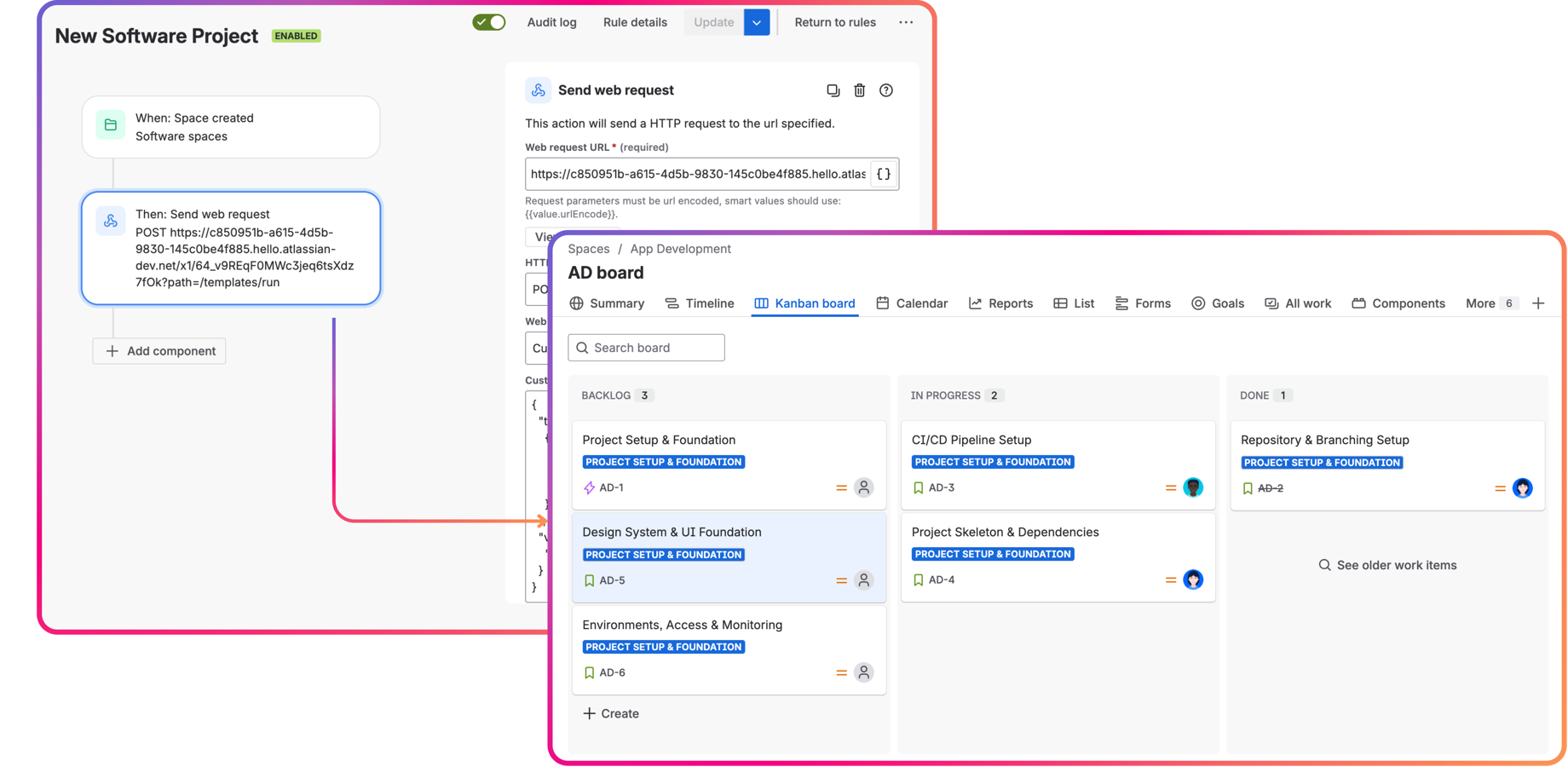 Automate project kick-offs. Trigger a rule to instantly populate your Kanban board with essential Issue Templates for Jira the moment a new space is created.
