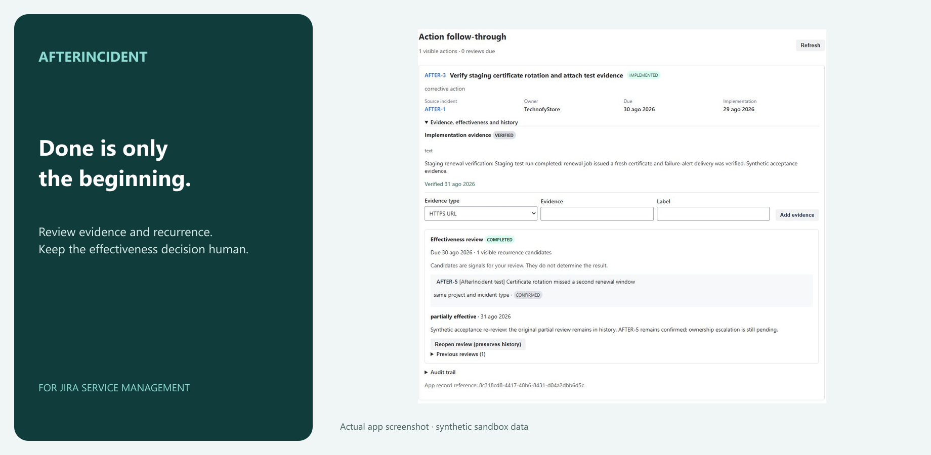 Evidence, recurrence candidate and completed human review. Actual app screenshot using synthetic sandbox data.