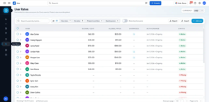 User Rates: global cost and price per person, project overrides, active dates and status. Demo data.