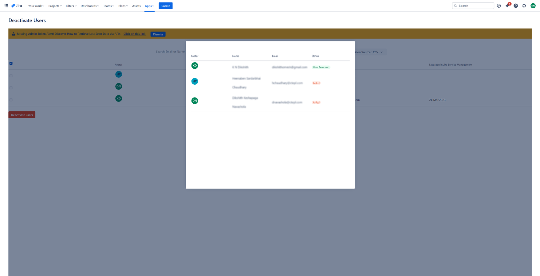 Post-removal view on the main dashboard, presenting user details and highlighting successful and failed removals with clear status indicators