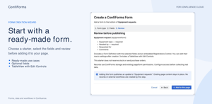 Create a form with the guided wizard: choose a starter, select fields and review the result. Include a TableView with Edit Controls when you need one.