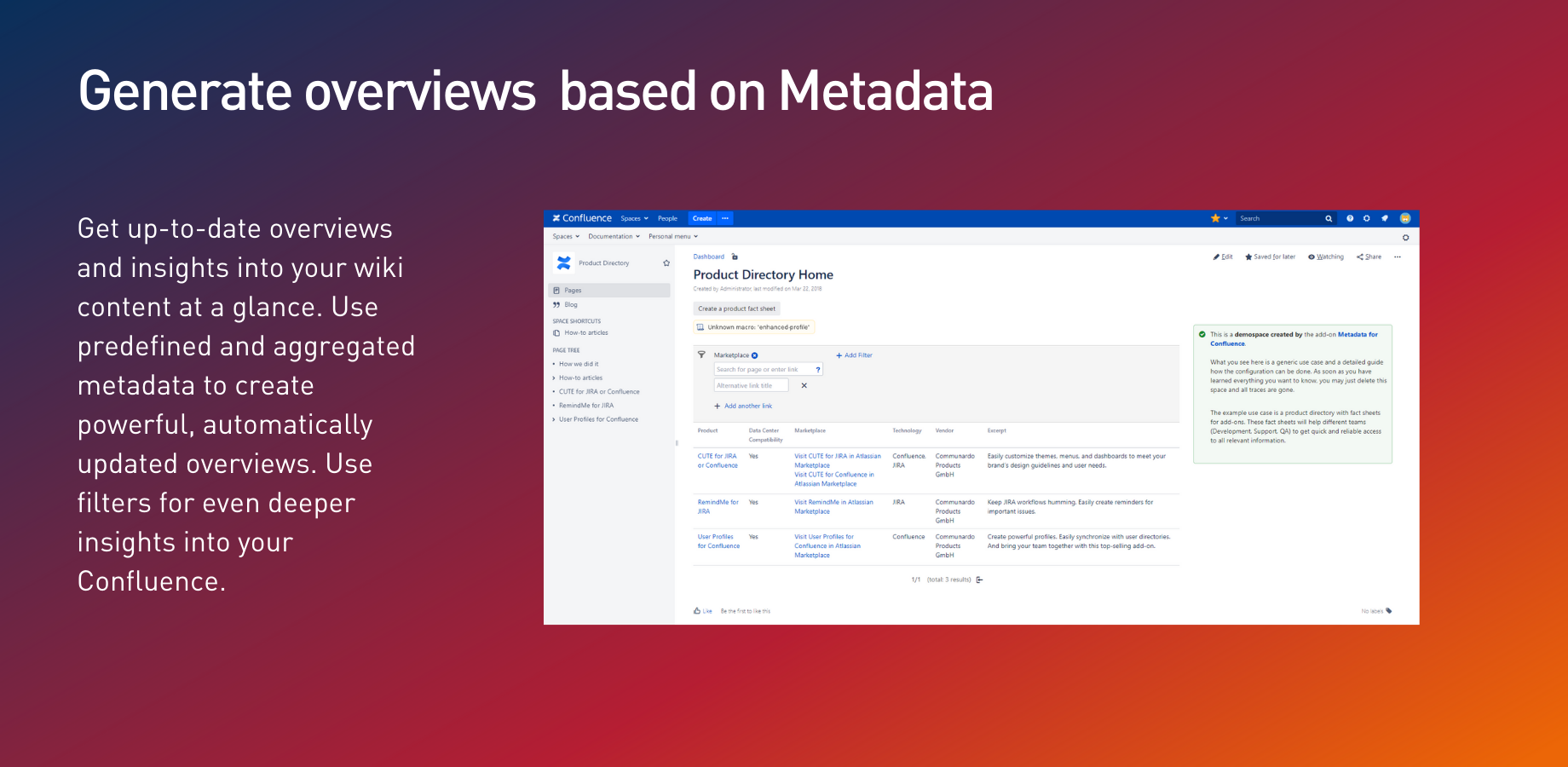 Generate up-to-date overviews based on metadata which are added to each new page.