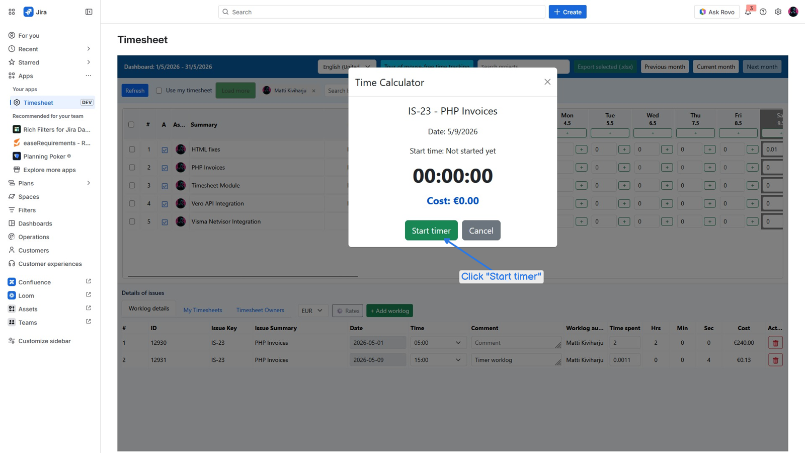 Built-in timer for tracking AI vibe-coding sessions with automatic duration and role-based cost calculation.