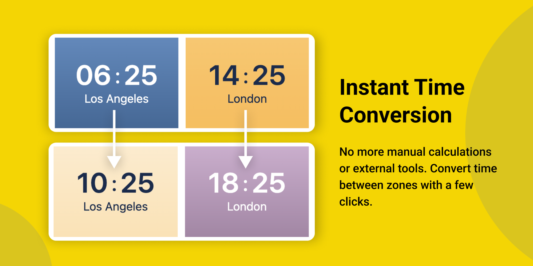 Instant Time Conversion: No more manual calculations or external tools. Convert time between zones with a few clicks.