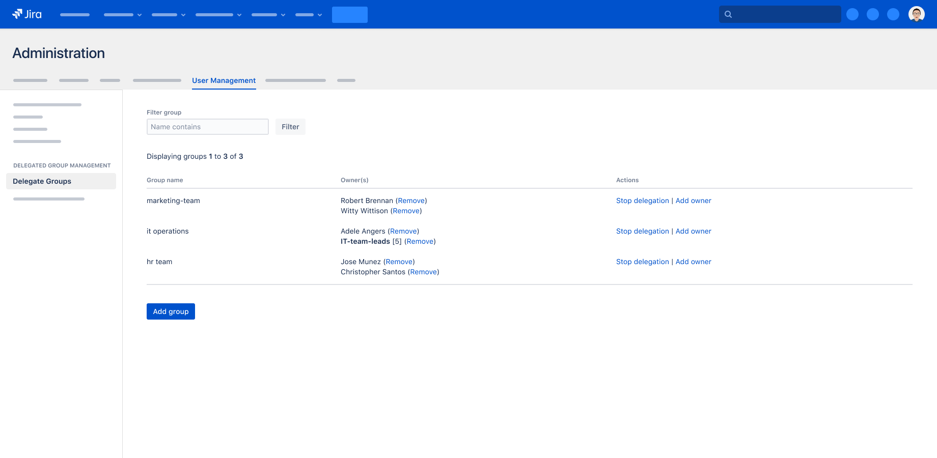 Select the user groups you would like to delegate ownership to in Jira and empower select trusted users or groups to manage them. Stay in control by adding and removing delegation power as your needs change.