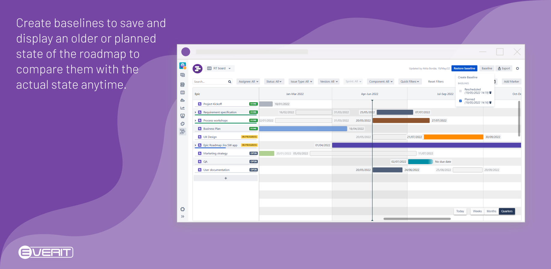 Create baselines to save and display an older or planned state of the roadmap to compare them with the actual state. You can restore a baseline anytime.
