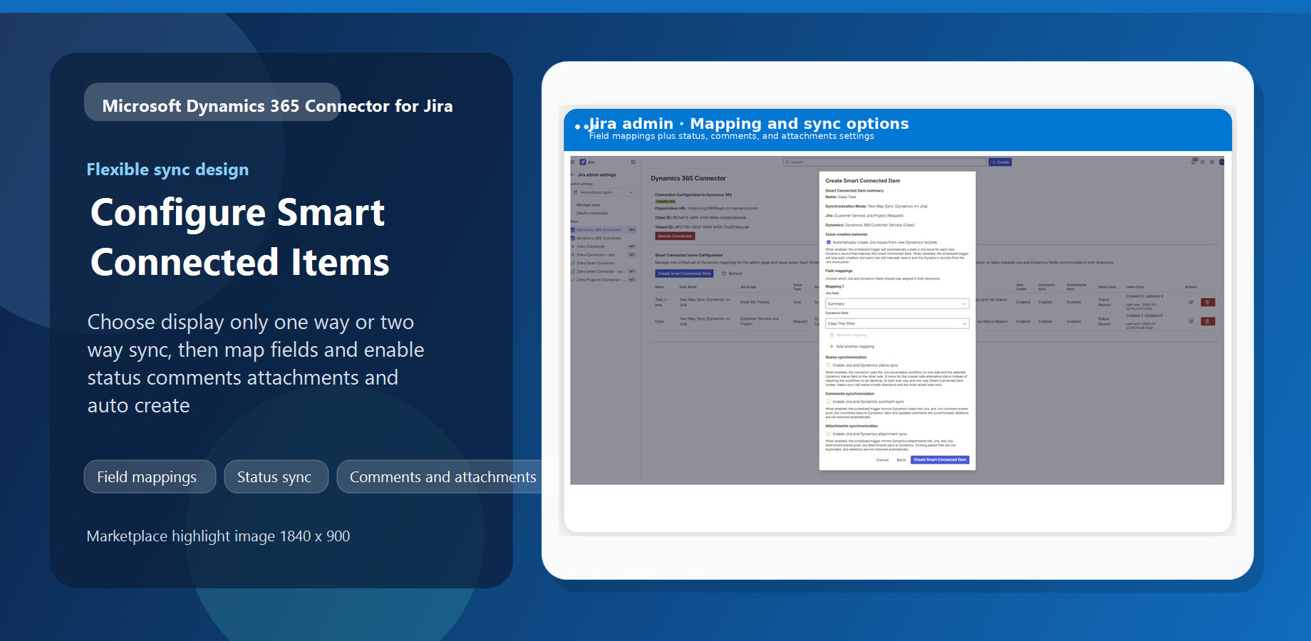 Smart Connected Item setup with field mappings and sync options for status comments attachments and auto create