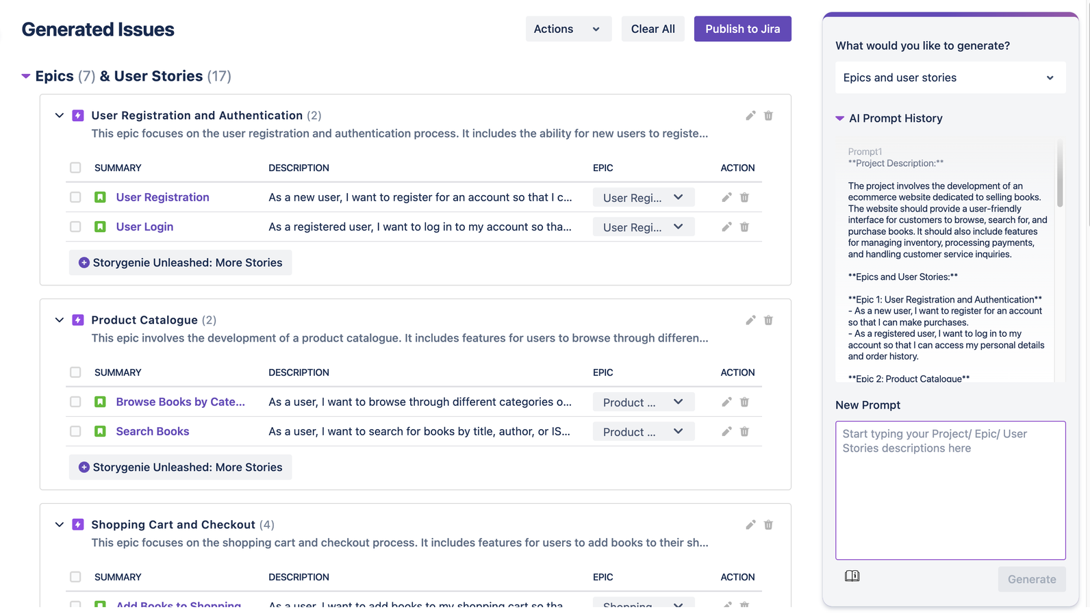 Creation of multiple Epics and User Stories from a single user prompt for super-fast scope definition. Continue to edit the output before publishing directly to your Jira project.