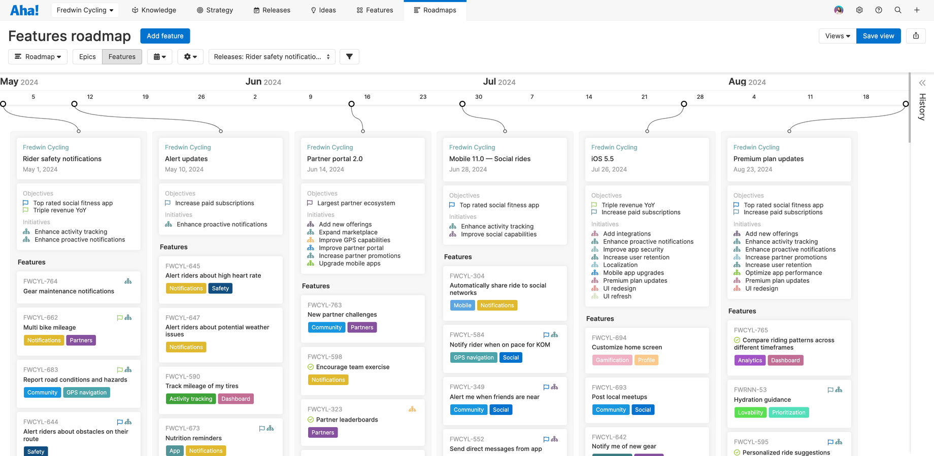 Quickly sketch out a plan using the starter roadmap. Drag and drop goals, initiatives, releases, and features into place — then fine-tune the details.
