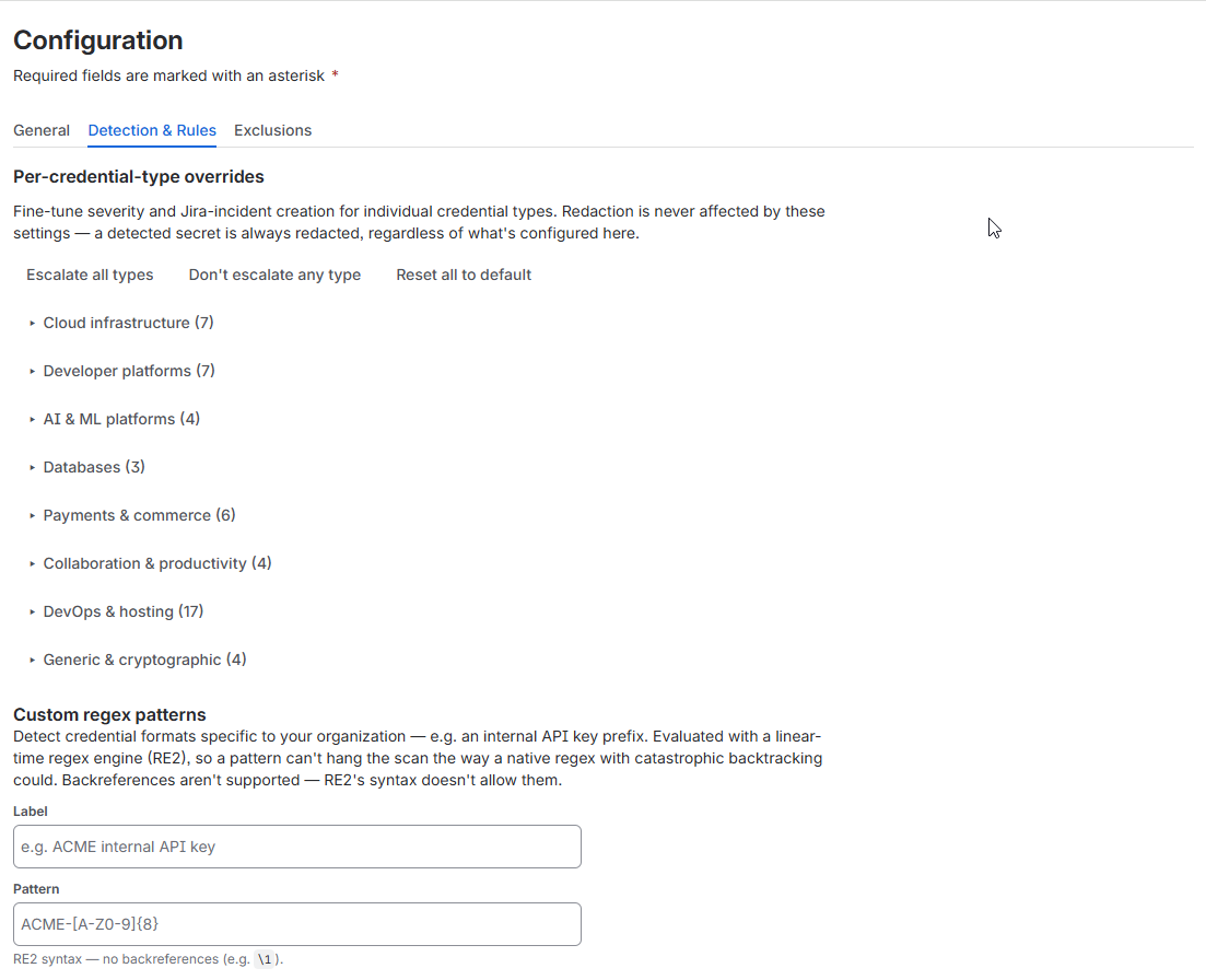 Severity and Jira-incident creation can be overridden per credential type, and custom regex patterns let you detect credential formats specific to your organization