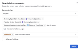 The search dialog scoped to three selected pages across two spaces and filtered to unresolved comments, with advanced filters collapsed.