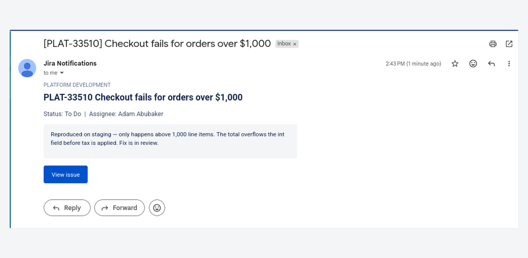 The notification as it arrives, with the comment and a link back to the issue.
