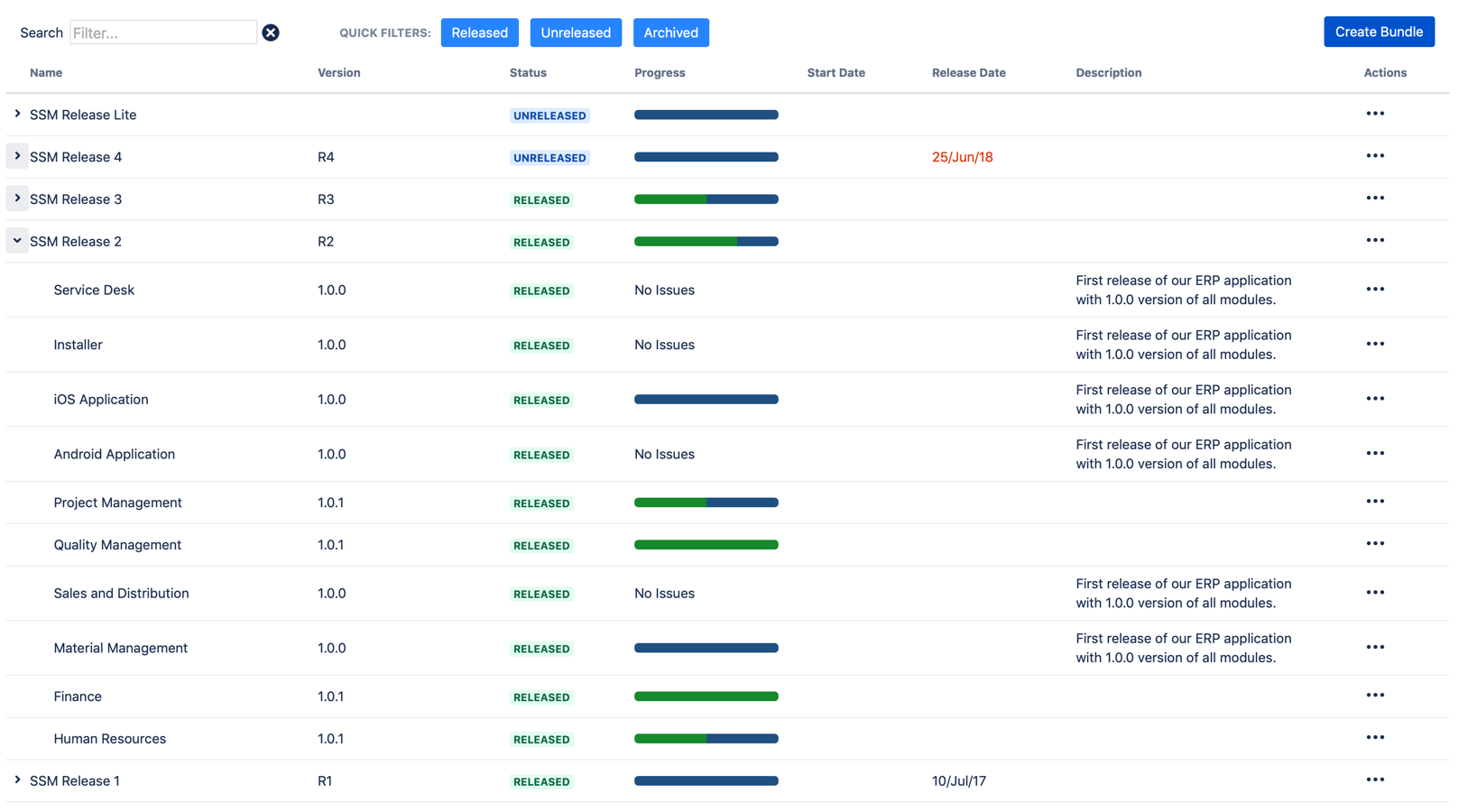 Group different version of different components as bundles with a bundle specific version information.When no component is selected only bundle versions could be used.JQL functions to query issues of bundle are available