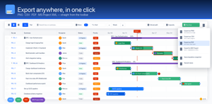 Export in one click — PNG, CSV, PDF or MS Project XML, dependencies included.