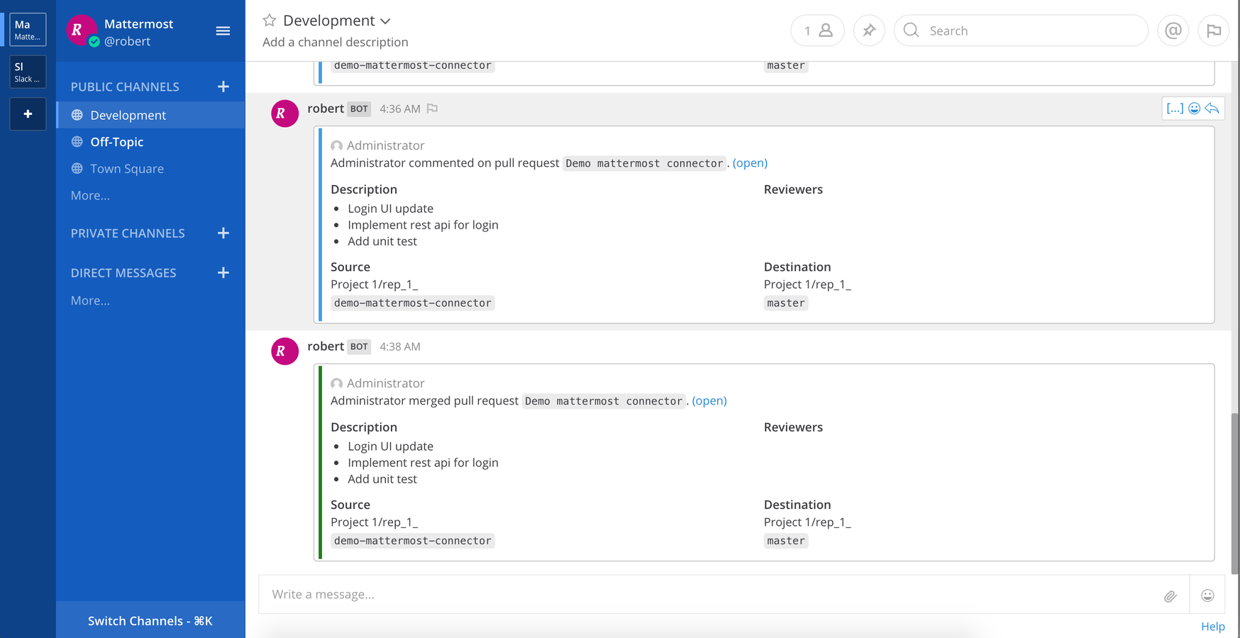 Mattermost notification for push or pull request