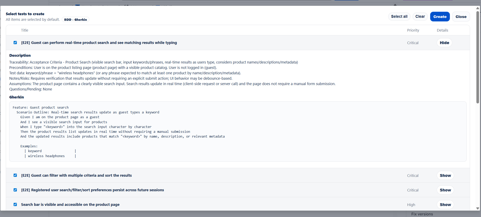 Manual and Gherkin test cases created directly in Jira, Xray Cloud, or Zephyr Scale
