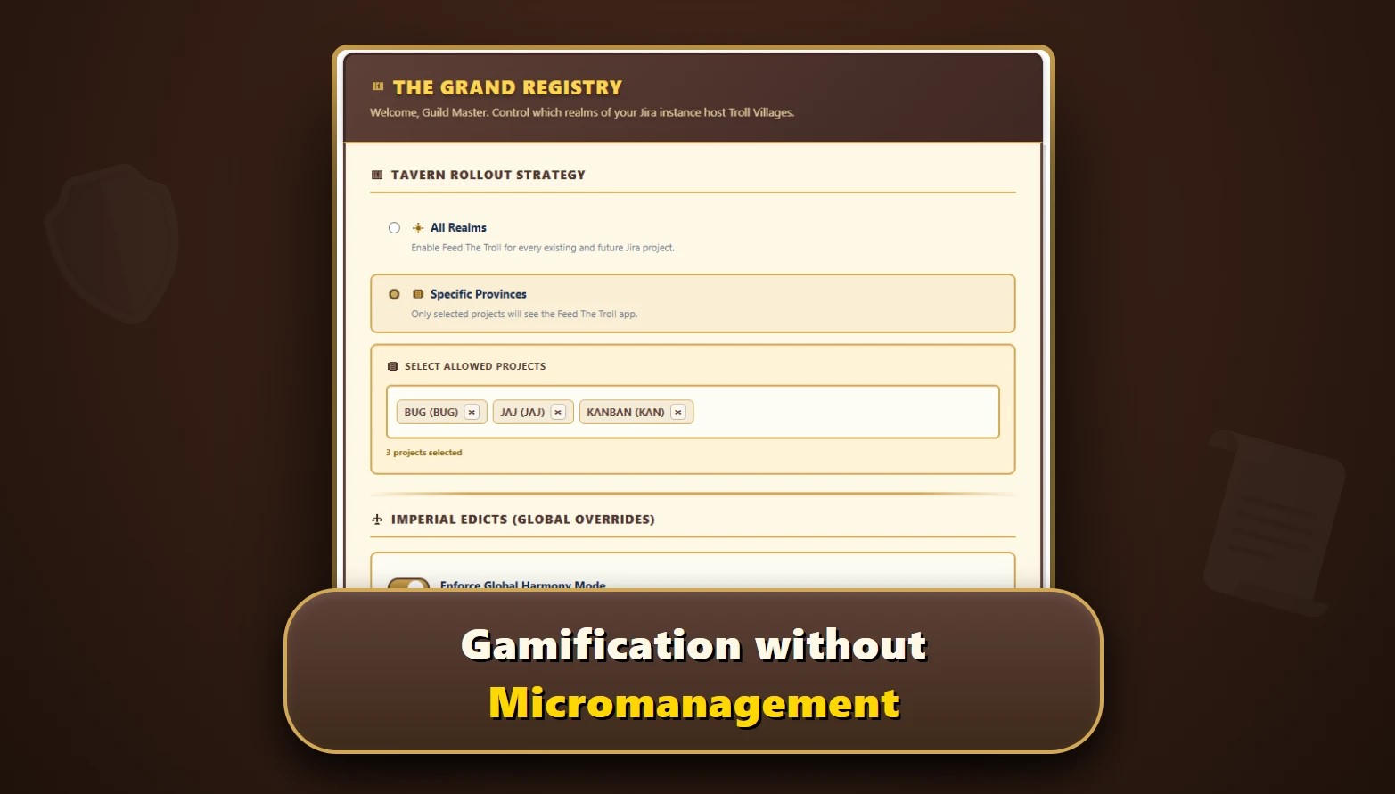 The Global Admin "Grand Registry" panel, where admins can enforce instance-wide privacy rules and manage project rollout. Designed to be powerful for admins but safe and respectful for every user.