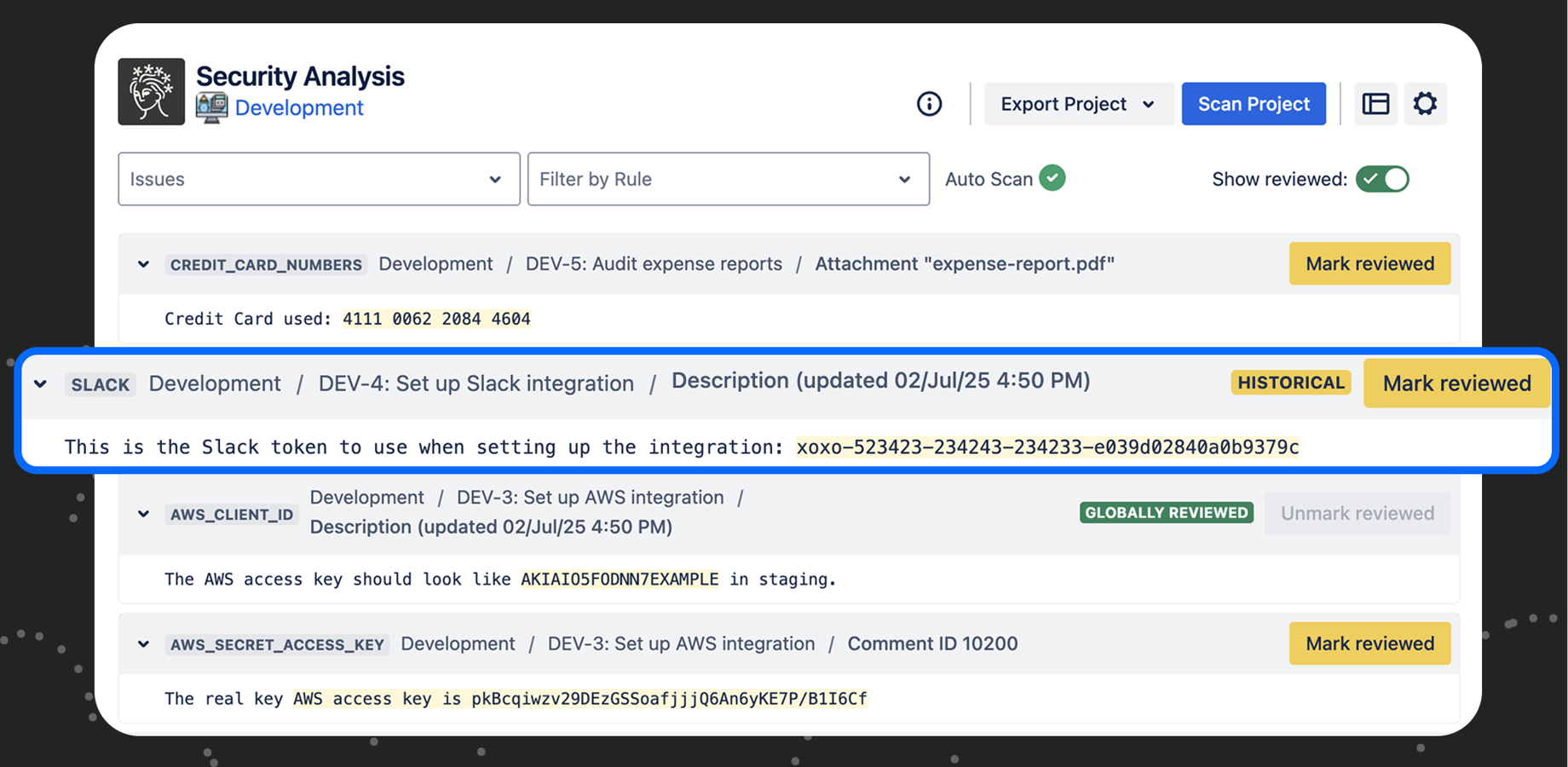 The security analysis dashboard in Soteri's Security for Jira, where you can mark found secrets as reviewed and start project scans.