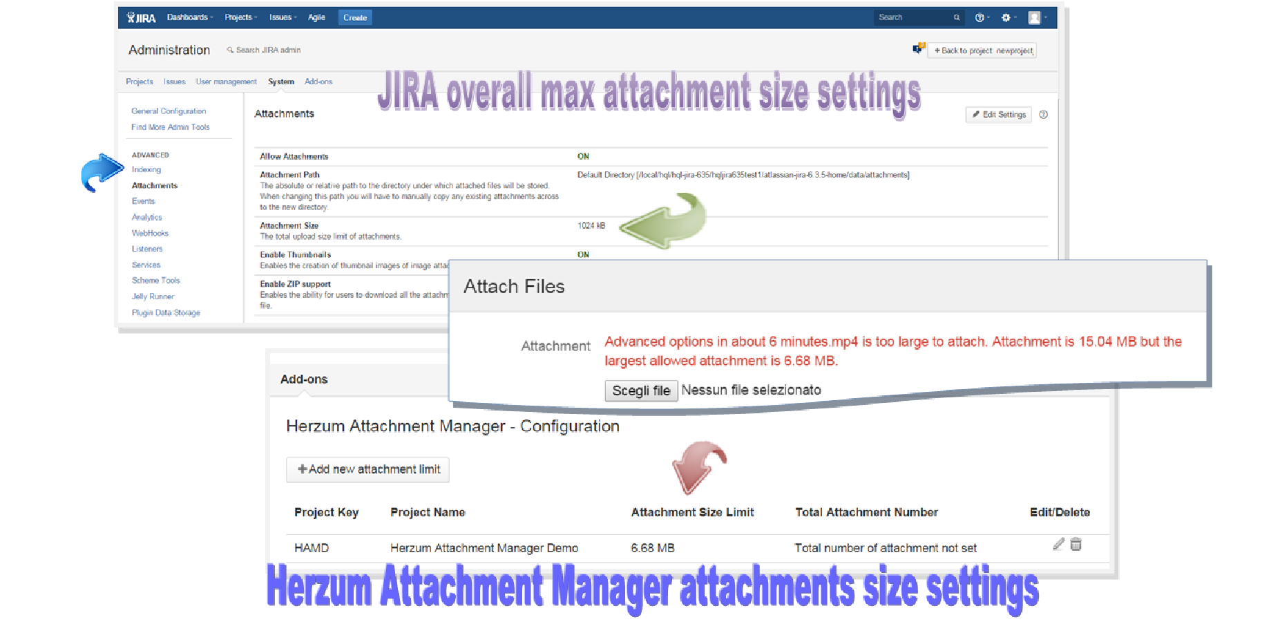 Overwrite Jira overall setting by configuring the attachment max size for a specific project