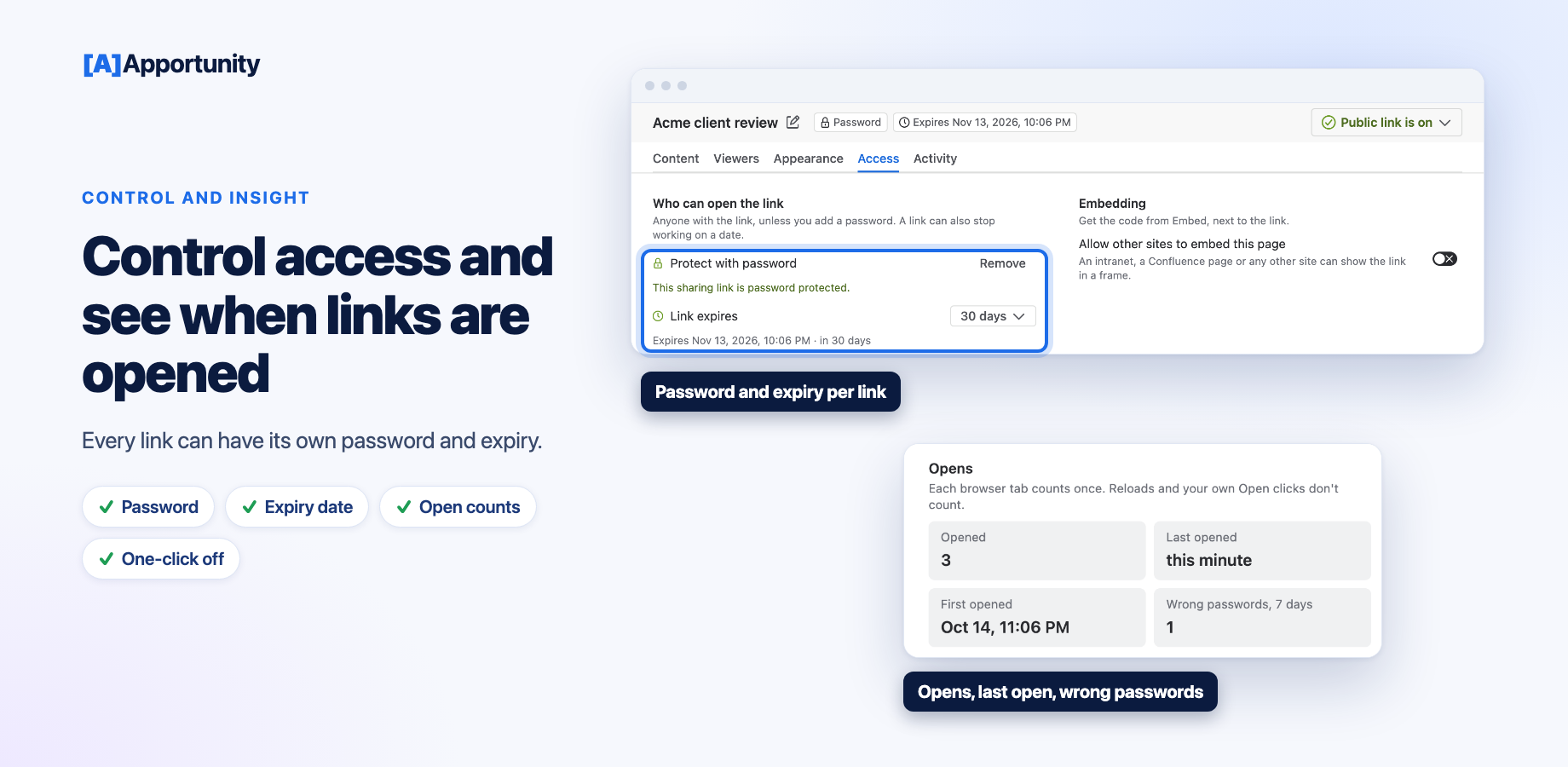 The Access tab sets a password and an expiry. The Activity tab counts opens, the last open and wrong password attempts, with a 30-day chart.