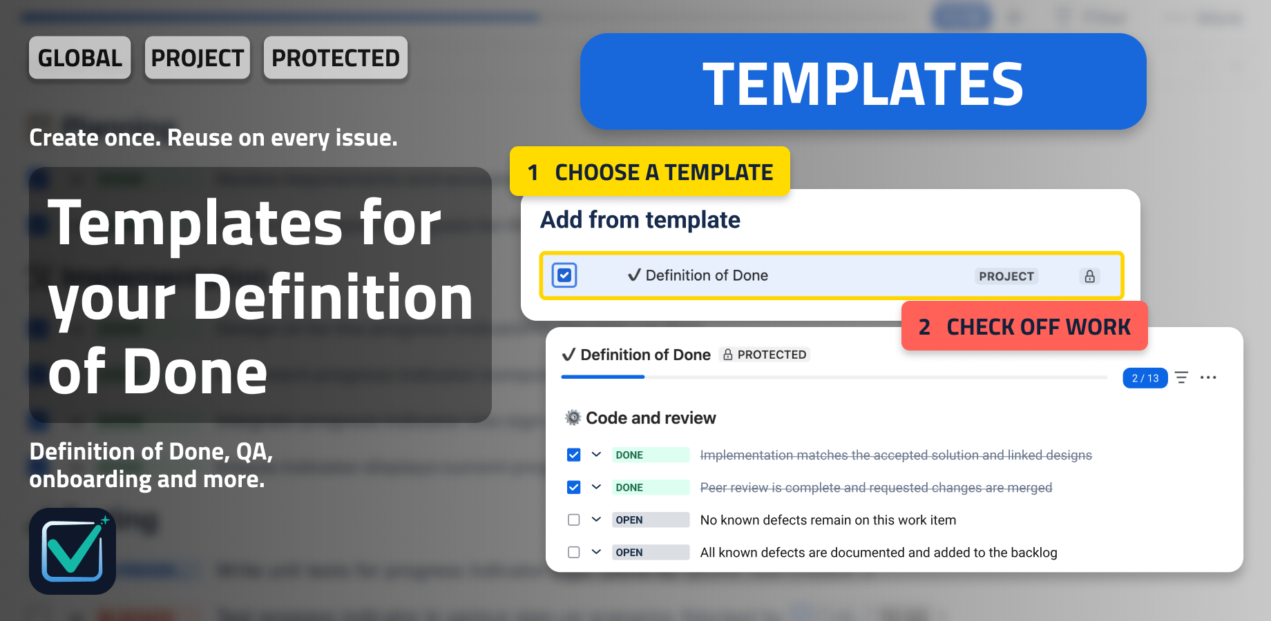 A protected Definition of Done template applied to a Jira issue, with completed and open checklist items and a progress bar showing what is done.